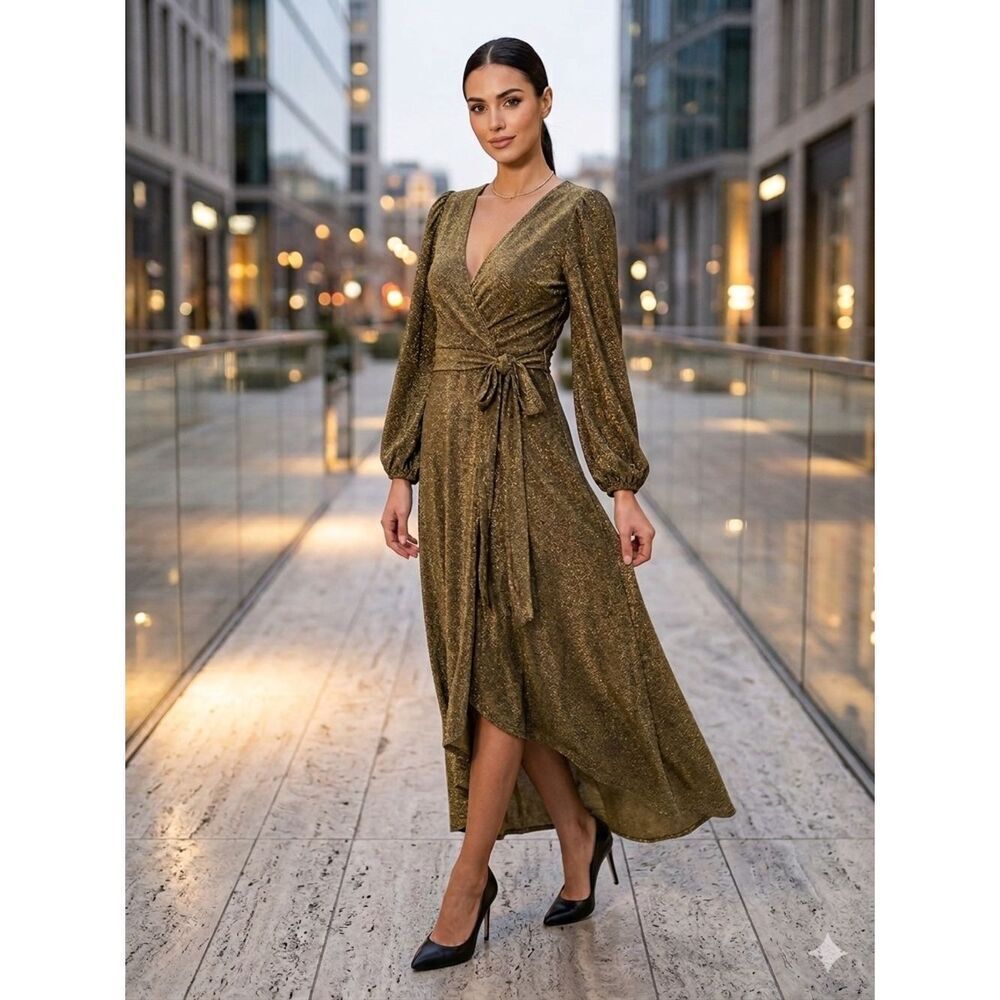 Take 50% OFF- Live Life Cupshe Elegant Gold Wrap Dress, Size-S
